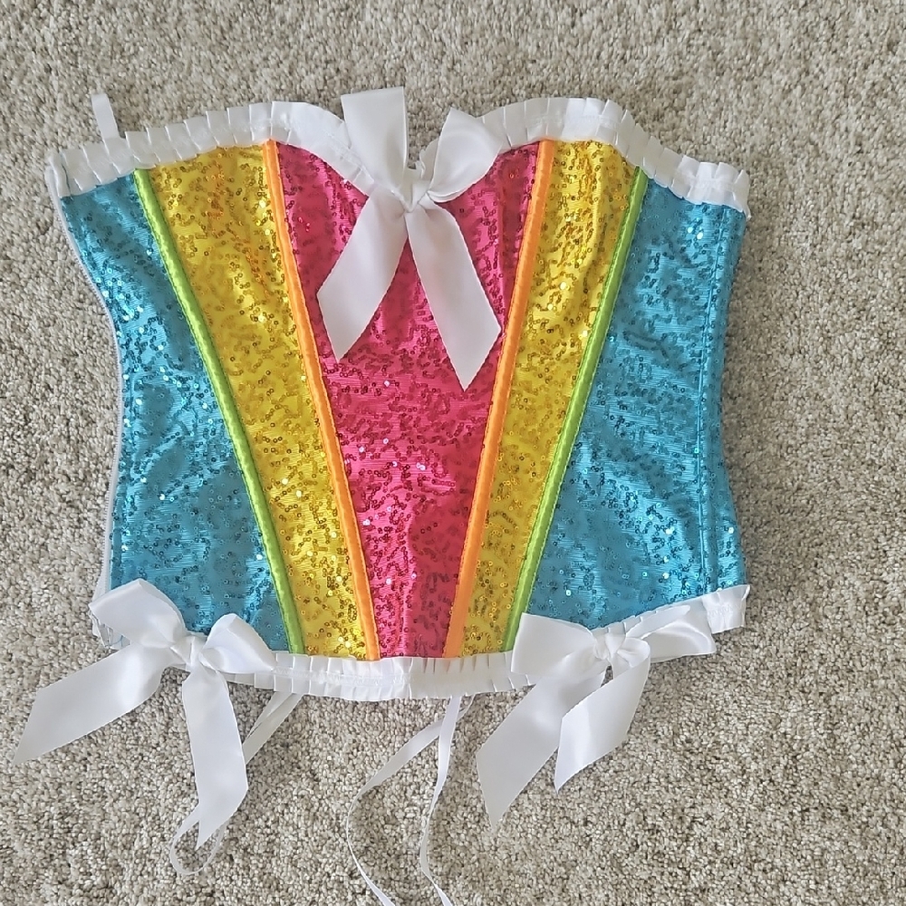 BS Lingerie White and Blue Yellow Rainbow Corset Bustier